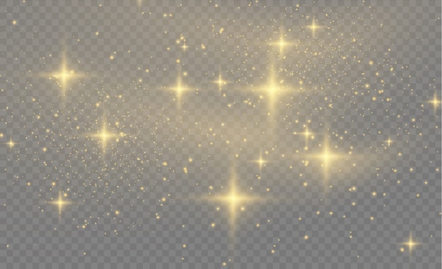 Polvo amarillo, chispas amarillas y estrellas doradas brillan con una luz especial. Partículas de polvo mágicas brillantes. Efecto de luz con estilo abstracto sobre un fondo transparente. patrón abstracto