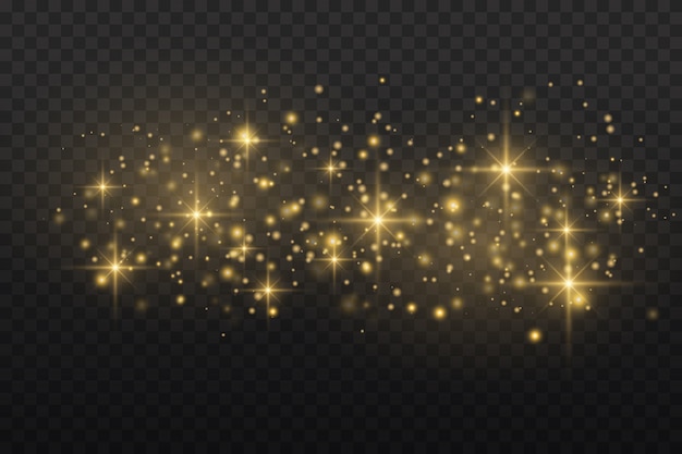 Polvo amarillo Efecto bokeh. Hermosa luz parpadea. Las partículas de polvo vuelan en el espacio. Rayos de luz horizontales. Rayas brillantes de polvo sobre un fondo oscuro.