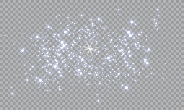 Polvo blanco. Las chispas blancas brillan con una luz especial, destellos sobre un fondo transparente.