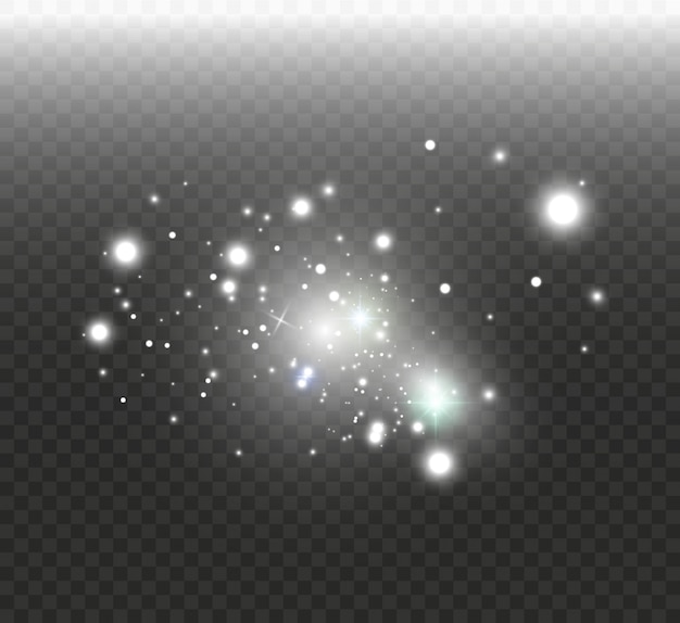 Polvo blanco. Chispas blancas y estrellas doradas brillan con luz especial. brilla en un fondo transparente. patrón abstracto Brillantes partículas de polvo mágico.