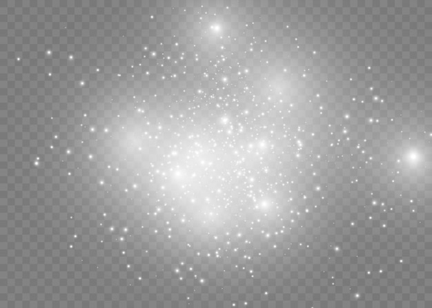 Polvo blanco. Chispas blancas y estrellas doradas brillan con luz especial. Brillantes partículas de polvo mágico.