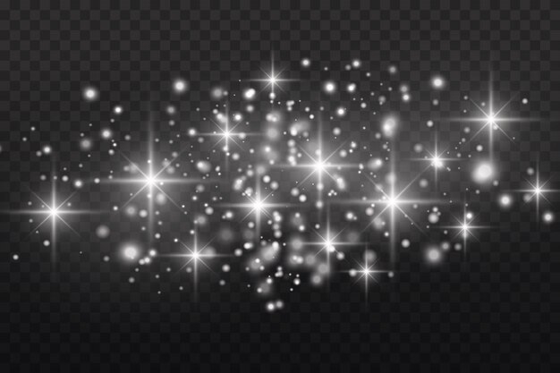 El polvo blanco chispea y brilla con una luz especial, partículas de polvo mágico brillantes aisladas sobre fondo transparente, luces brillantes, brillo