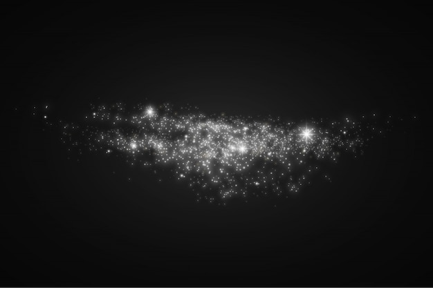 El polvo blanco chispea y brilla con una luz especial, partículas de polvo mágico brillantes aisladas sobre fondo transparente, luces brillantes, brillo