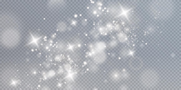 Polvo brillante con estrellas blancas brillantes sobre un fondo transparente