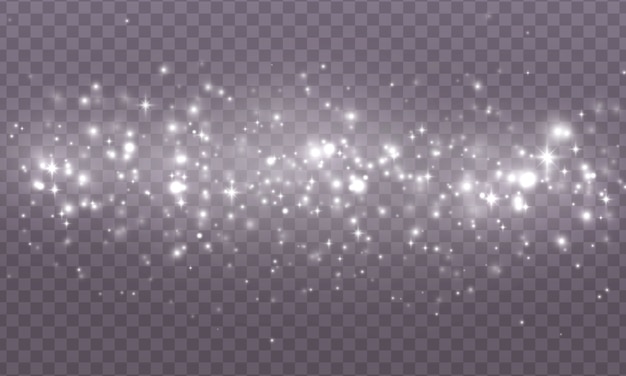 El polvo chispea y las estrellas blancas brillan con luz especial sobre fondo transparente