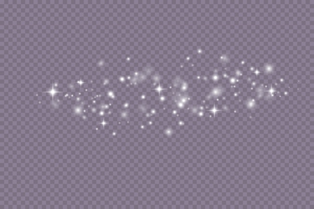 El polvo chispea y las estrellas brillan con luz especial. Efecto de luz. Nieve. Vector.