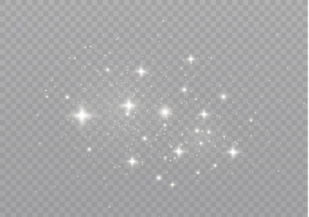 El polvo chispea y las estrellas doradas brillan con una luz especial. brilla en un fondo transparente. brillantes partículas de polvo mágico.