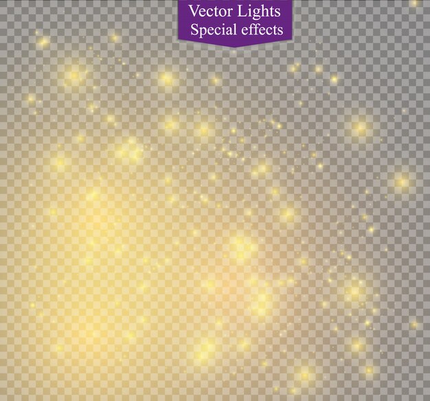 El polvo chispea y las estrellas doradas brillan con una luz especial. brilla en un fondo transparente. Efecto de luz navideña. Brillantes partículas de polvo mágico.