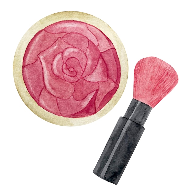 Vector polvo de colorete de maquillaje facial de acuarela y pincel rosa