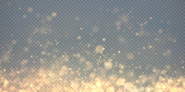 Polvo dorado brillante con estrellas doradas brillantes sobre un fondo transparente