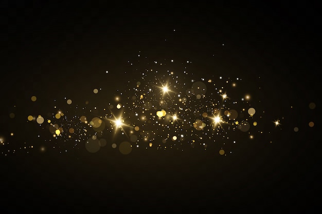 El polvo dorado navideño, las chispas amarillas y las estrellas doradas brillan con una luz especial. vector brilla con brillantes partículas de polvo mágico.