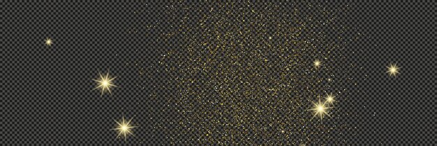El polvo dorado reluciente con estrellas en un fondo transparente
