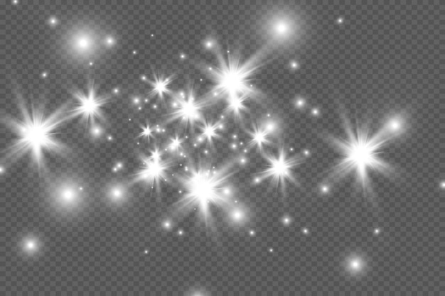 El polvo es amarillo. chispas amarillas y estrellas doradas brillan con una luz especial. Vector brilla sobre un fondo transparente. Efecto de luz navideña. Partículas de polvo mágico espumoso.