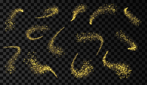 Polvo de estrellas brillante. Ola de oro y plata. Cometa mágico con rastro. Estrellas brillantes.