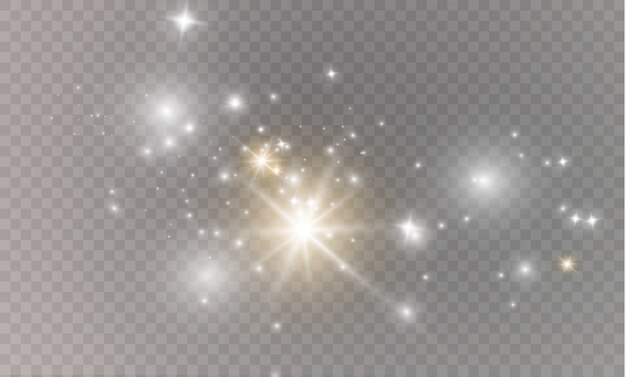 Polvo en un fondo transparente. Estrellas brillantes. El efecto de iluminación resplandor.