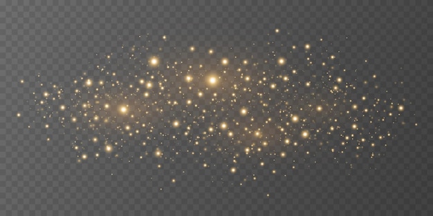 Polvo mágico dorado volador con luces brillantes bokeh aislado en un fondo transparente oscuro Efecto de luz festiva abstracto Ilustración vectorial