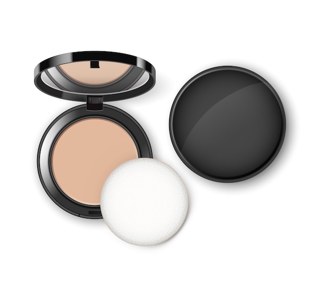 Polvo de maquillaje cosmético facial en estuche de plástico redondo negro