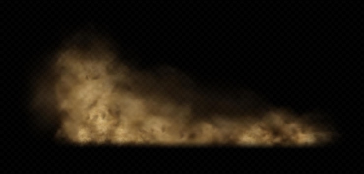 Vector el polvo marrón, la arena o la nube de tierra sobre un fondo transparente, el polvo de la carretera realista, la tormenta del desierto, el aire sucio.