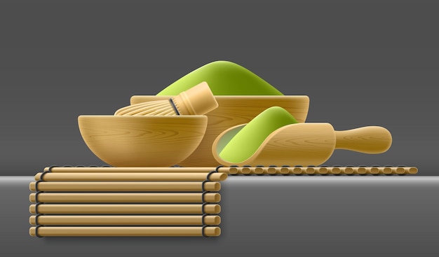 Vector polvo de té verde orgánico matcha tradicional japonés vector 3d ilustración de juego de cocina de bambú batidor para batir servilleta de tazón de plantilla sobre fondo oscuro utensilios de madera