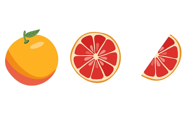 Pomelo fresco o naranja roja conjunto pomelo entero con hojas pomelos rebanadas y la mitad de la fruta cortada frutas orgánicas para jugo o vitamina C alimentos saludables Ilustración vectorial aislada