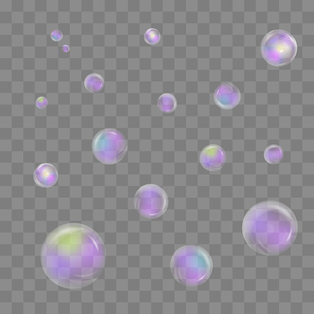 Pompas de jabón en el fondo transparente. Conjunto de burbujas de jabón coloridas transparentes realistas con la reflexión del arco iris aislada en fondo a cuadros. Textura del vector