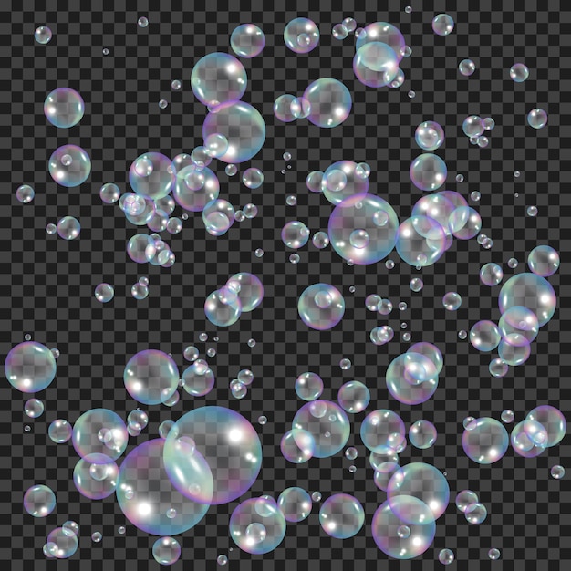 Pompas de jabón realistas con efecto de reflejo de arco iris. Burbujas de espuma de agua.