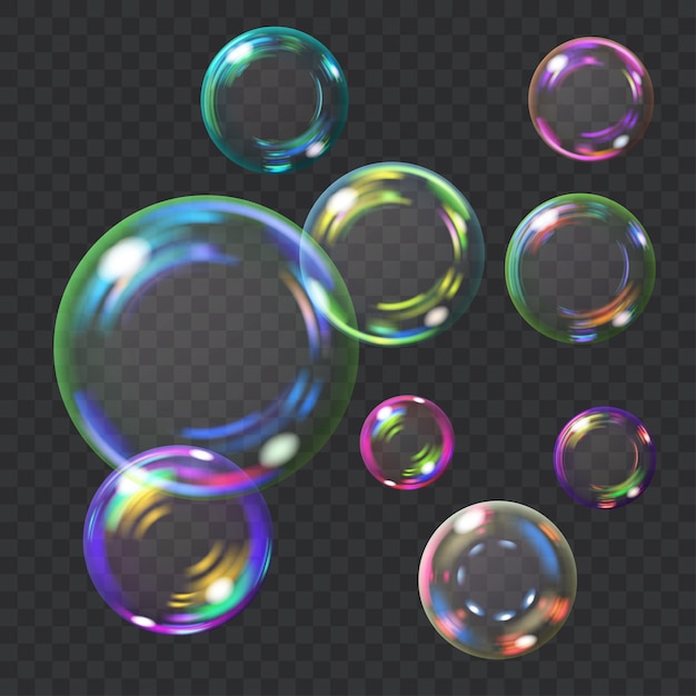 Pompas de jabón transparentes multicolores con resplandores. Transparencia solo en formato vectorial. Se puede utilizar con cualquier fondo.