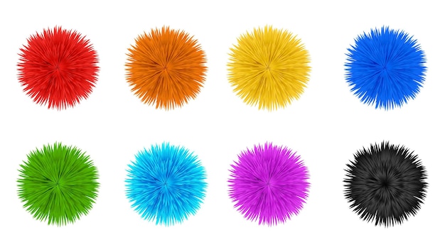Pompones de piel Peludas bolas de lana pompones peludos esfera difusa pompones suaves bolas de pom pom peludas pompom de punto colorido juego de juguetes de peluche 3d ilustración vectorial realista