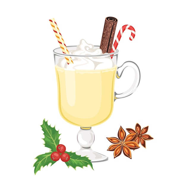 Vector ponche de huevo en vidrio con bastón de caramelo navideño.