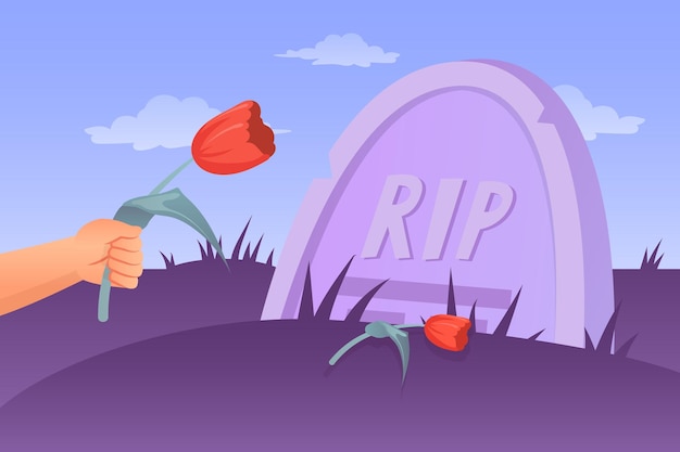 Poner flores en la tumba Entierro graf ceremonia fúnebre cementerio dolor huérfano mano con flor en la tumba conmemorativa luto rip muerte concepto dibujos animados cementerio vector ilustración