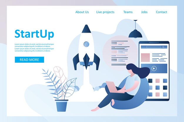 Poner en marcha la página de inicio cohete despegue chica programador con computadora portátil y vector de teléfono móvil grande