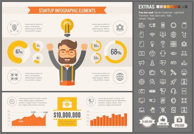 Vector poner en marcha la plantilla de infografía diseño plano y conjunto de iconos