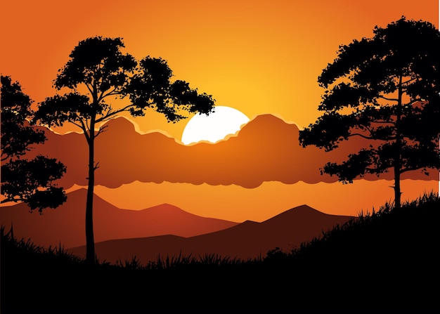 Ponerse el sol naranja sobre un hermoso bosque de montaña