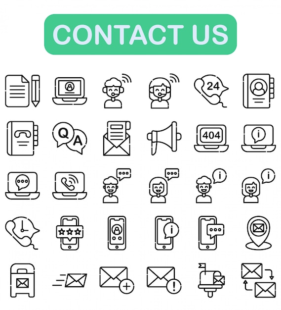 Póngase en contacto con nosotros conjunto de iconos, estilo de contorno