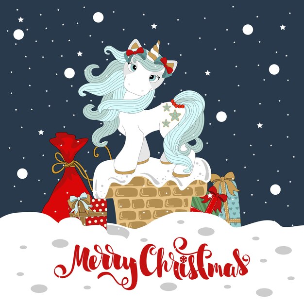Poni de Navidad sobre un fondo de invierno hermoso, copos de nieve. Con la inscripción manuscrita "Feliz Navidad".