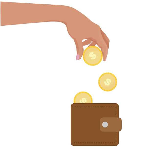 Poniendo a mano monedas de oro en la billetera de cuero Crecimiento de ingresos Ahorros inversión EPS 10