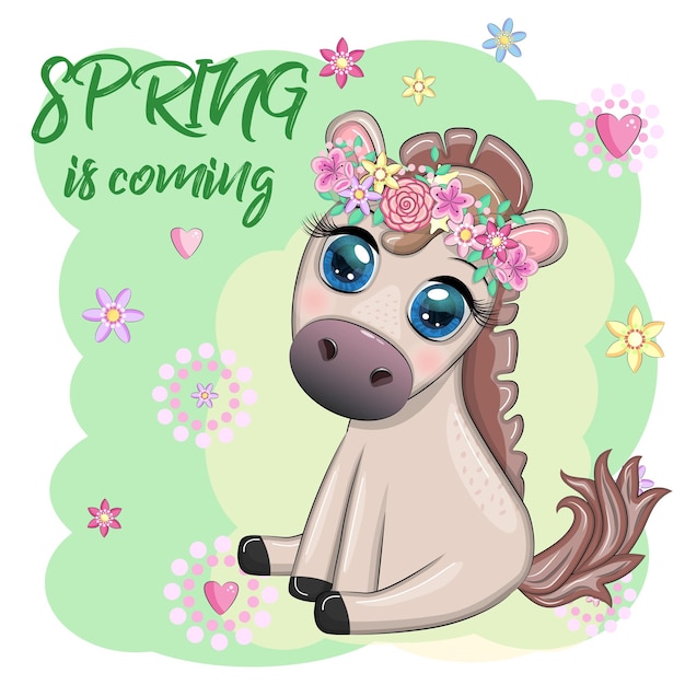 Pony de caballo de dibujos animados lindo para tarjeta con flores, se acerca la primavera