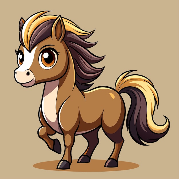 El pony castaño animado con la melena y la cola que fluyen de pie con orgullo