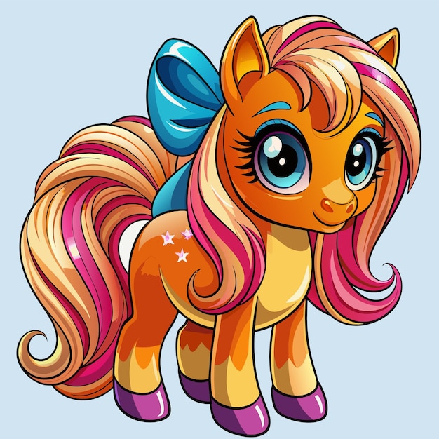 Vector un pony colorido con un arco azul y una cola rosa