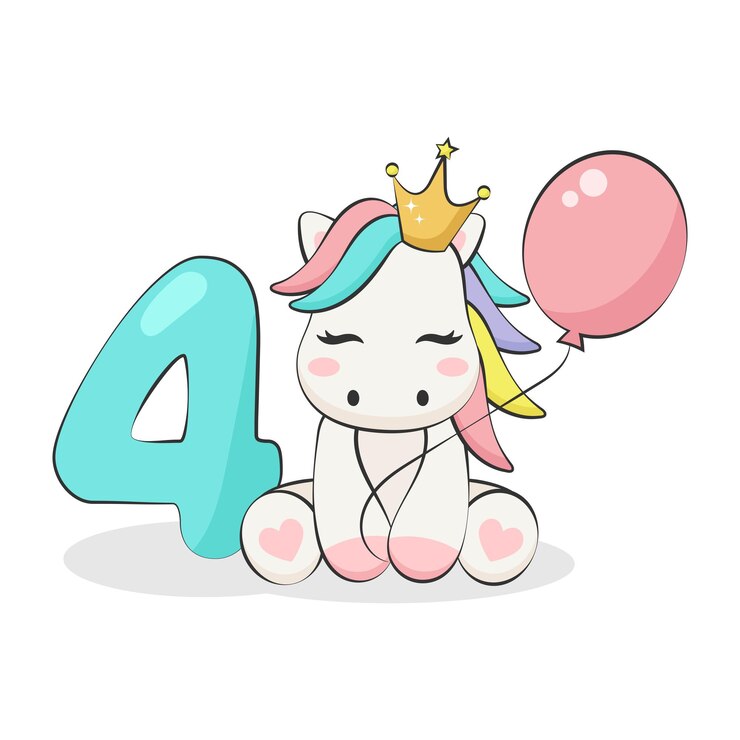 Vector pony con globo y número cuatro aislado en fondo blanco