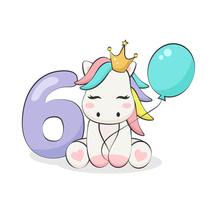Vector pony con globo y número seis aislado en fondo blanco ilustración vectorial