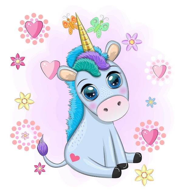 Pony unicornio azul sentado lindo bebé tarjeta bebé con ojos grandes