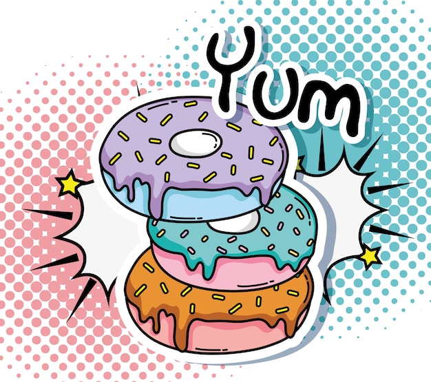 Pop art donuts dulces donuts dibujos animados lindo vector ilustración diseño gráfico