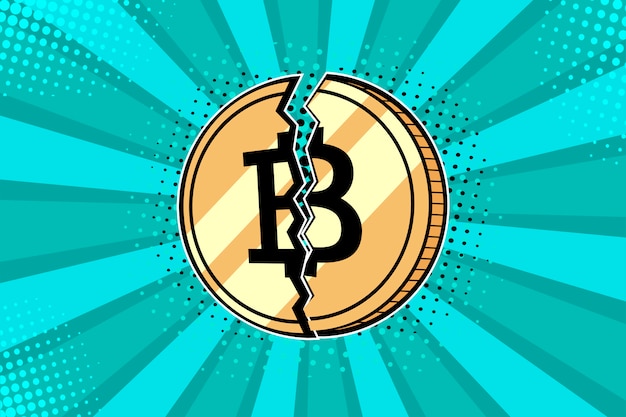 Pop art Golden bitcoin moneda rota por la mitad