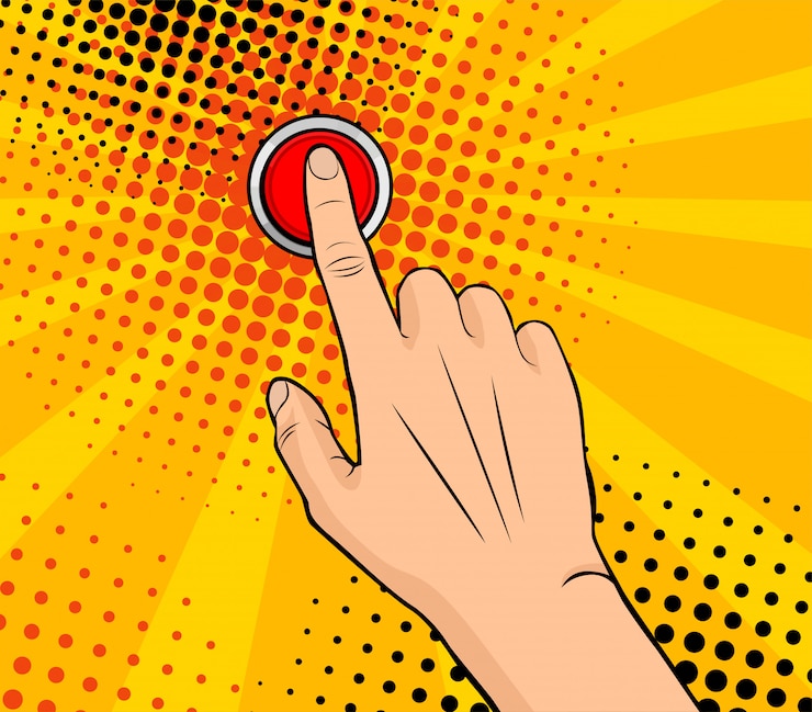 Vector pop art hembra mano presionando un botón rojo