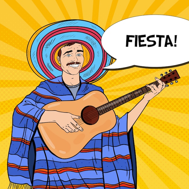 Vector pop art mariachi sonriente en poncho y sombrero con guitarra