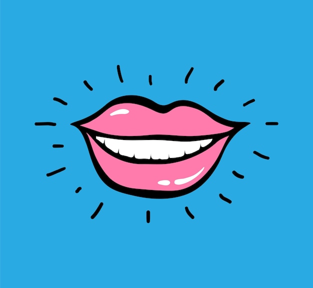 Pop art vector labios rojos sobre fondo amarillo con texto Ja Ja Ja Emoción Loud Laughter To Tears