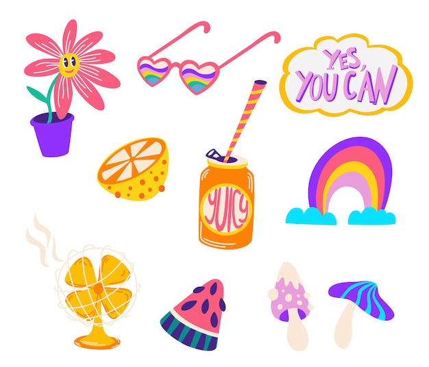 Pop color style flat design 90s sticker cool pegatinas retro de moda con caras sonrientes parches de etiqueta cómica de dibujos animados texto de diferentes emociones ilustración de dibujos animados vectoriales aislar