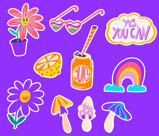 Pop Color Style Flat Design 90s Sticker Cool pegatinas retro de moda con caras sonrientes parches de etiqueta cómica de dibujos animados Texto de diferentes emociones Ilustración de dibujos animados vectoriales aislar