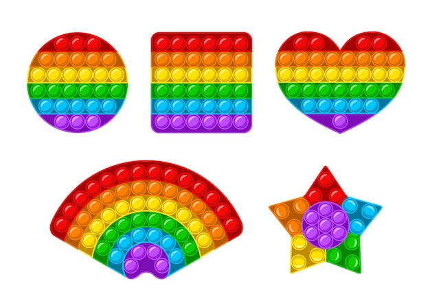 Pop it fidget set, juguete sensorial antiestrés de moda aislado sobre fondo blanco. Juego de niños antiestrés de diferentes formas. Juguete de mano colorido con burbujas de empuje. Ilustración de vector de estilo de dibujos animados plana